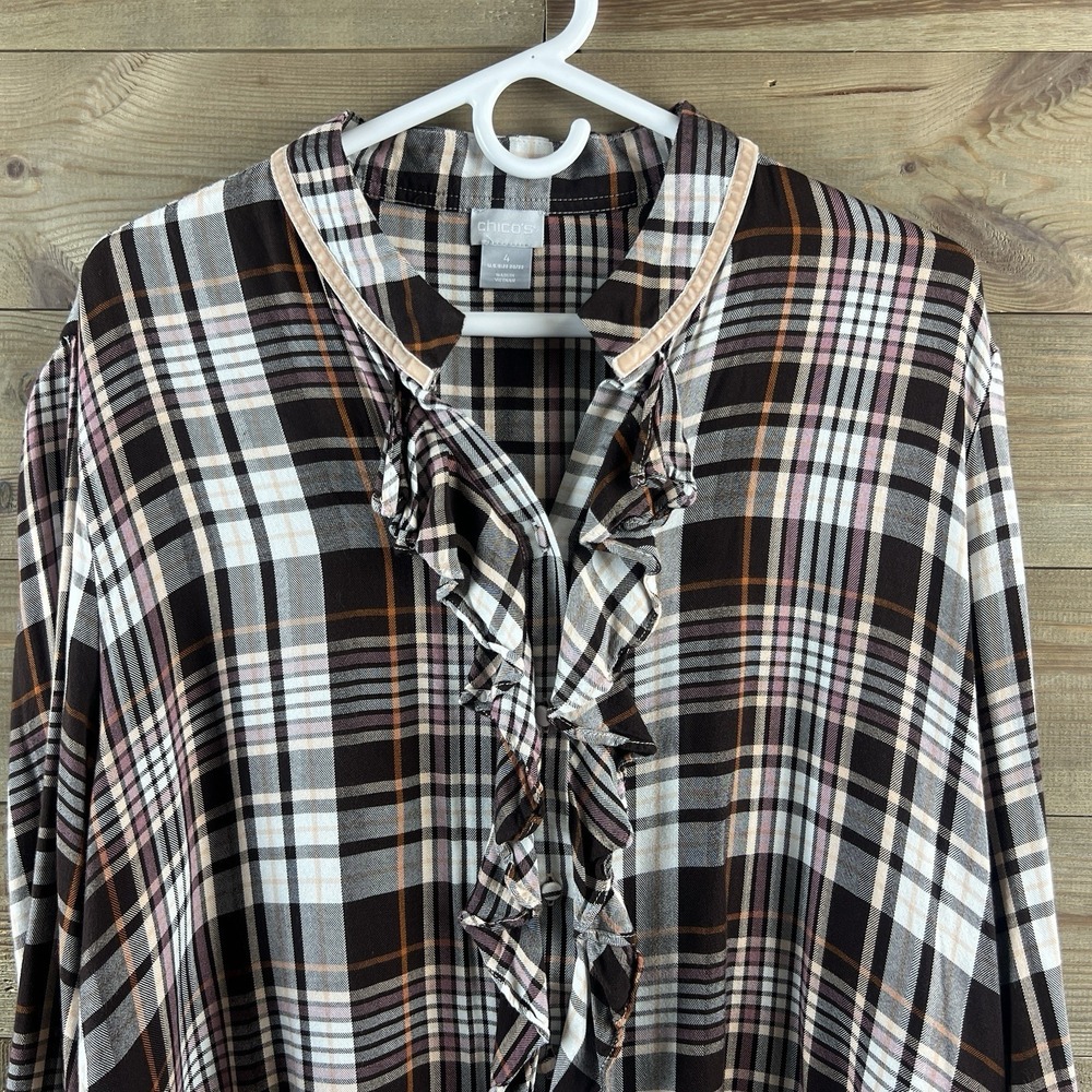 Chicos Womens Shirt Long‎ Sleeve Button Up Ruffle Plaid Academia Preppy 4 XXL - Picture 2 of 8